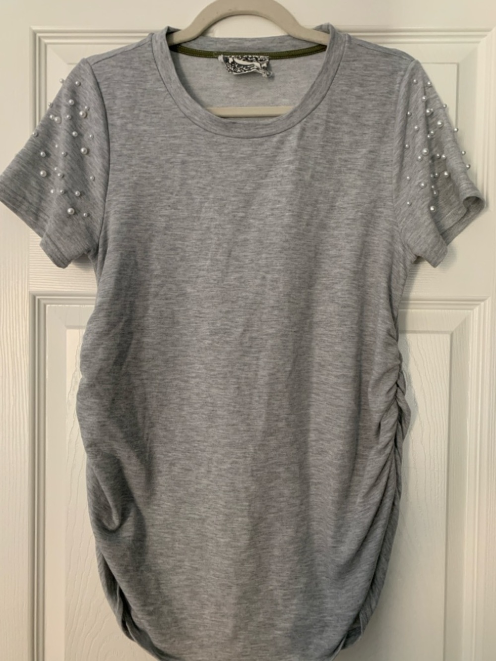 Grey Pearl-Embellished Short Sleeve Maternity Top